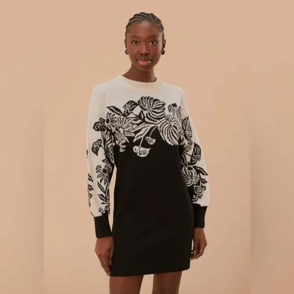 NWT FARM RIO Surreal Garden Knit Sweaterdress Black and White Floral - Picture 1 of 6